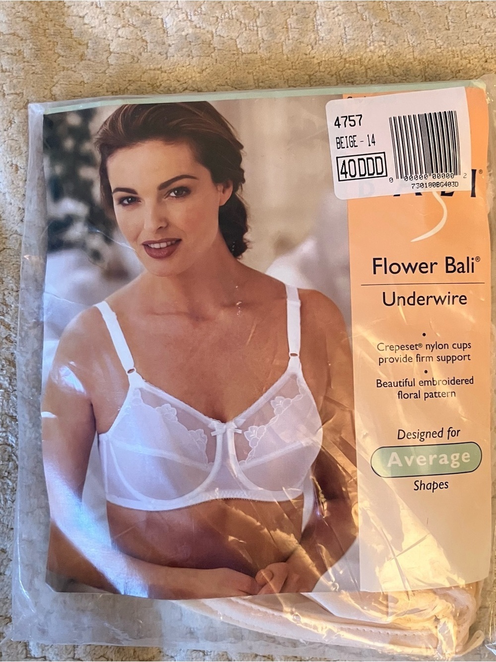 NWT Bali 0180 Flower Light Beige Classic Support Unlined Underwire Bra Sz 40DDD